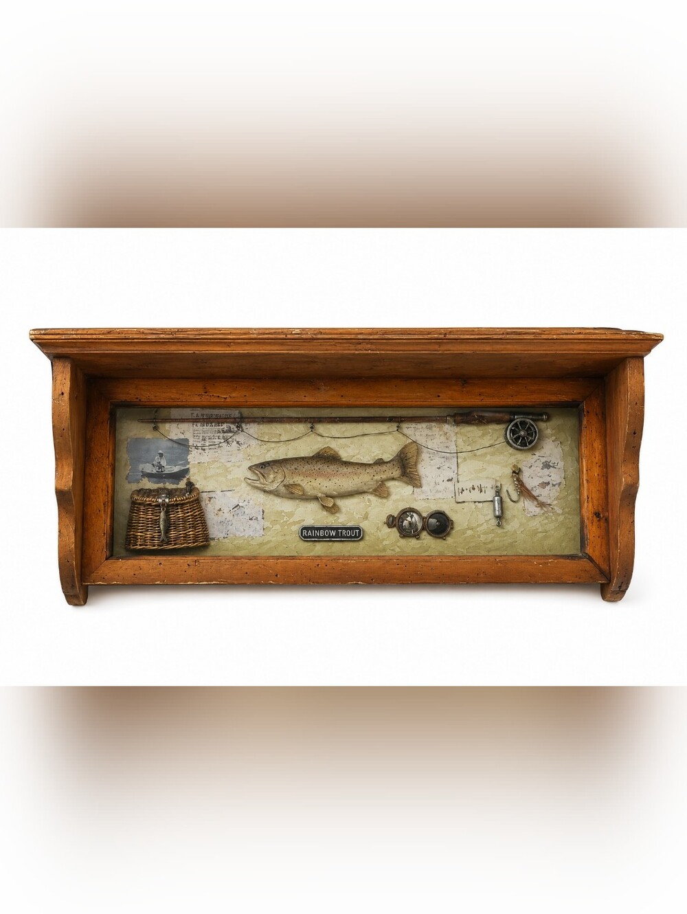 Rustic Fishing Shadow Box Wall Shelf Rainbow Trout Cabin Lodge Wall Decor